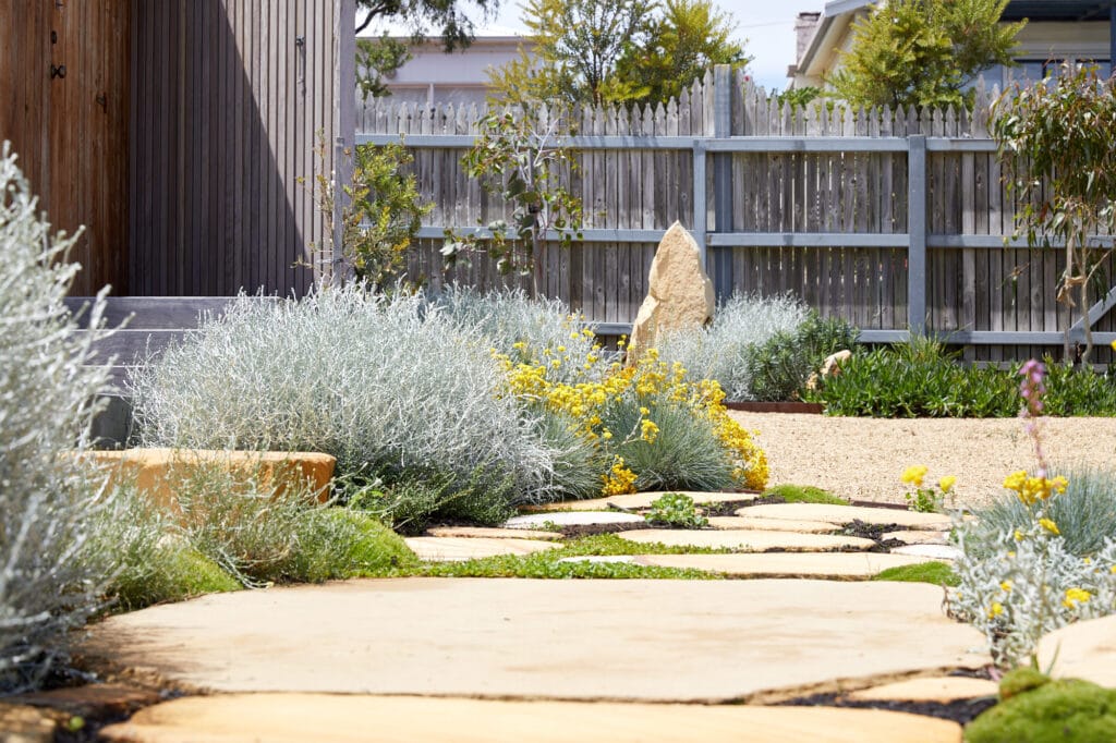 Stone paving slabs form a garden path bordered by drought-resistant plants and yellow flowers, with a wooden fence and houses in the background. Loci Landscapes | Landscape Designers Tasmania