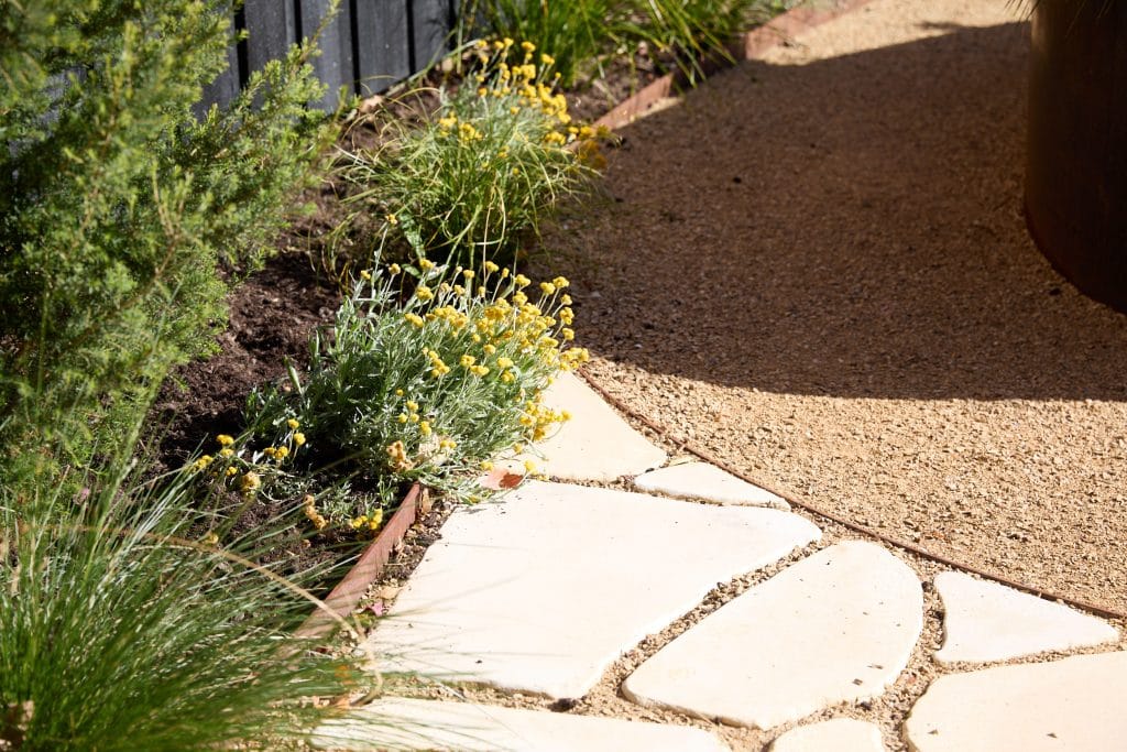 A garden path with light stone paving curves next to a gravel area, bordered by green plants and small yellow flowers. Loci Landscapes | Landscape Designers Tasmania