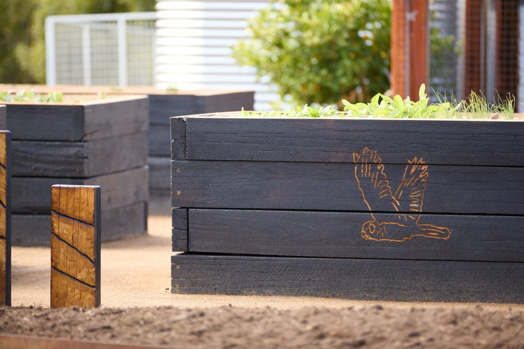 Raised garden beds made of dark wood, one featuring a carved image of a flying bird, with green plants growing inside and a blurred background. Loci Landscapes | Landscape Designers Tasmania