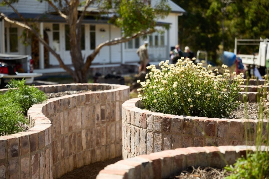 Curved brick garden beds with flowers and plants, inspired by Native Landscape Design, are in the foreground; a house and several people are visible in the background of this Howden garden. Loci Landscapes | Landscape Designers Tasmania
