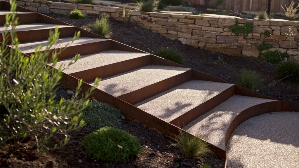 Outdoor steps with metal edges and concrete treads lead up a sloping garden with stone retaining wall and various plants. Loci Landscapes | Landscape Designers Tasmania